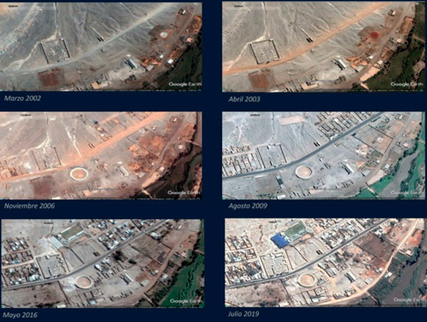 Evolución urbana de 2002 a 2019  tomada de Google Earth, donde  se observa que existía un cerco el cual fue destruido al construir la carretera